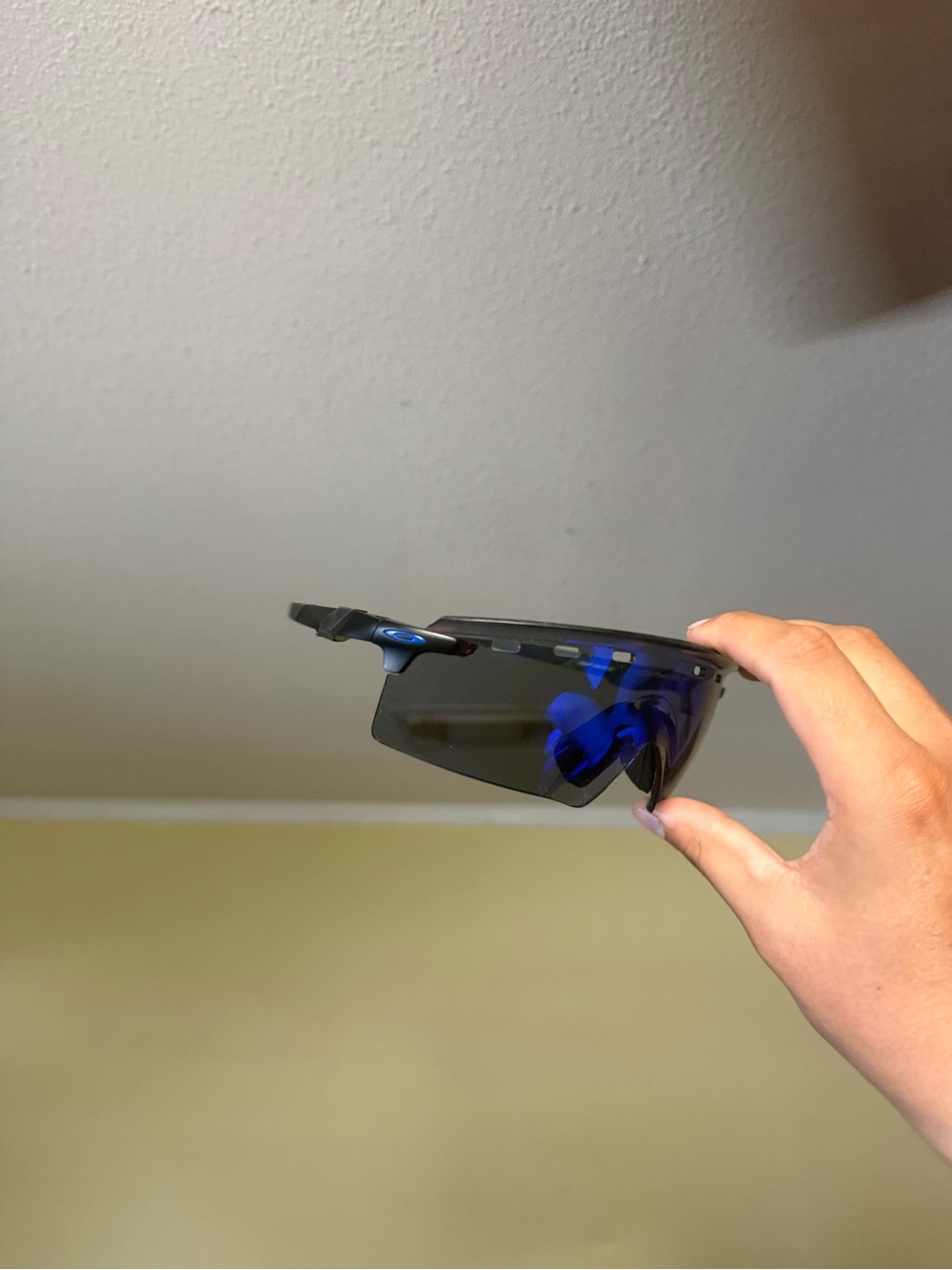 Sport Shield Sunglasses — Black Frame with Blue Mirror Lens oaks o sunglasses